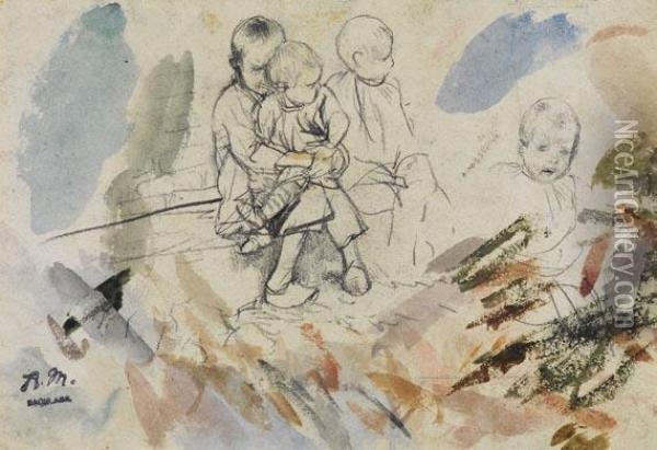 Drei Sitzende Kinder Und Ein Kinderkopfchen, Aquarellproben Oil Painting - Adolph von Menzel