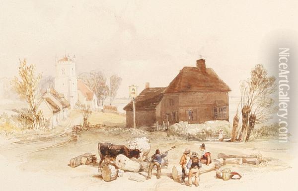 Harvesters Resting Outside An Inn Oil Painting - James Duffield Harding