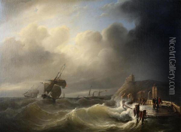 Storm At Sea Watched By Fishermen At The Stockade Oil Painting - Christiaan Cornelis Kannemans