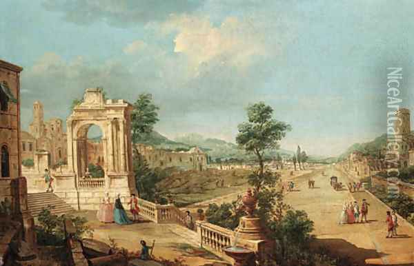 A capriccio view of a town with elegant figures on a terrace by a ruined archway Oil Painting - Francesco Battaglioli