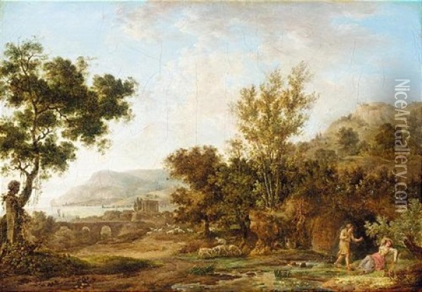 An Arcadian Landscape With A Shepherd Sneaking Up On A Sleeping Maid Oil Painting - Jean Baptiste Francois Genillion