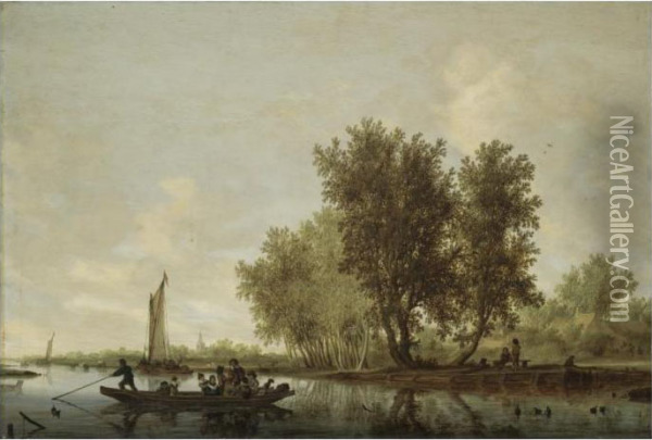 A River Landscape With Figures 
In A Ferry, Barges And Rowing Boats Beyond, And Other Figures Resting On
 A Bench Near Cottages Oil Painting - Salomon van Ruysdael