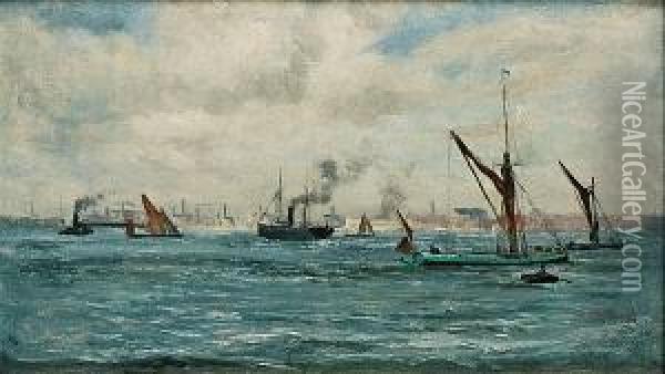 Busy Harbour Scene, Portsmouth Oil Painting - Frederik Golden Short