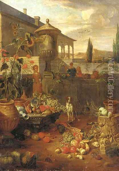 An Italianate villa and garden with figures Oil Painting - Dirk Valkenburg