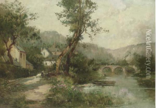 Houses Along The Banks Of A River, A Bridge Beyond Oil Painting - Maurice Levis