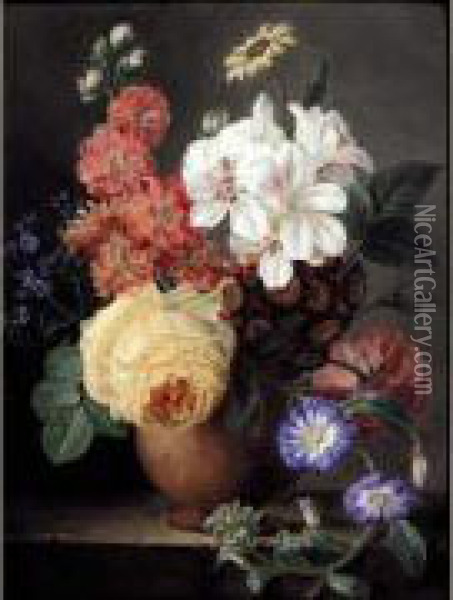 Vase De Fleurs Avec Une Rose Jaune Et Des Paquerettes Sur Un Entablement Oil Painting - Jan Frans Eliaerts