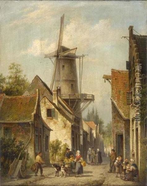 Figures In A Village Street Oil Painting - Pieter Christiaan Cornelis Dommersen