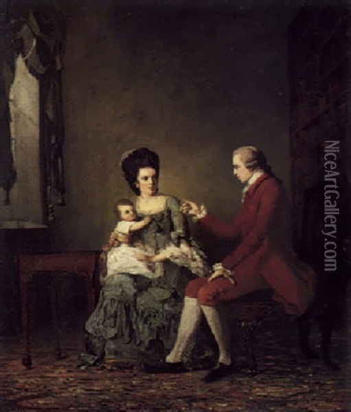 Portrait Of Thomas Davis With His Wife Elizabeth And Their Son William Seated By A Table Oil Painting - John Thomas (Seaton) Seton