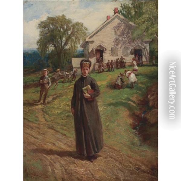 Woman In Front Of A School Oil Painting - Henry Sandham