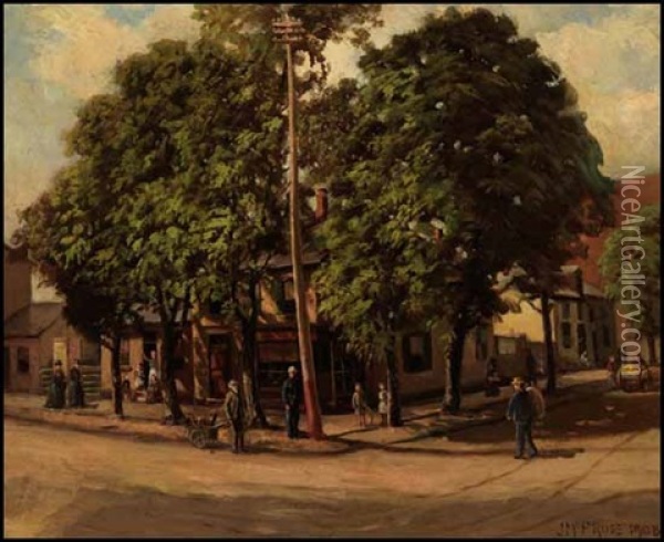 A Toronto Street Corner Oil Painting - John McPherson Ross
