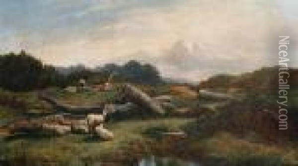 Sheep In A Landscape Oil Painting - Sidney Richard Percy