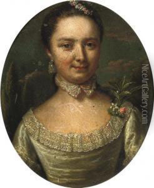 Portrait Of A Lady, Half-length, In A Green Dress With Floral Decoration, Standing In A Park Landscape Oil Painting - Mattheus Verheyden