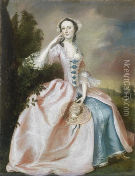 Portrait Of A Lady, Full-length, Seated, In A Pink And Blue Dress In A Landscape Oil Painting - Francis Hayman