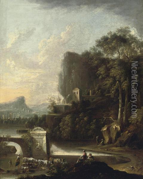 A Wooded River Landscape With Drovers Beside Classical Ruins Oil Painting - Claude Louis Chatelet