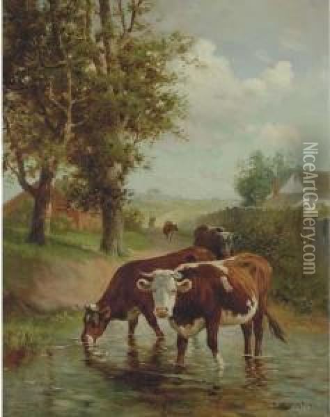 Cows In A Rural Landscape In A Riverbed Oil Painting - Robert Atkinson Fox
