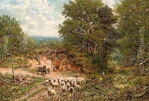 A shepherd and his flock on a country road Oil Painting - George William Mote