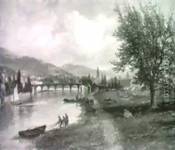 The Banks Of The Tay Looking Towards The Perth Bridge Oil Painting - James Hall Cranstoun