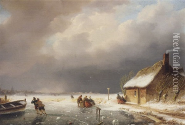 Skaters On A Frozen River Oil Painting - Nicolaas Johannes Roosenboom