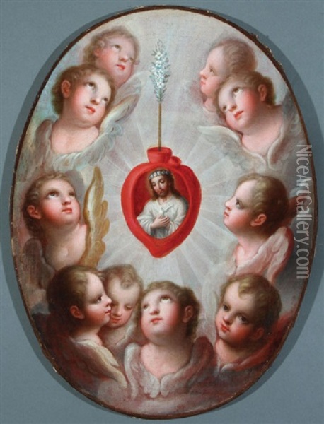Angels Adoring The Sacred Heart Oil Painting - Jose De Paez