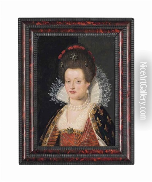 Portrait Of Marie De' Medici, Queen Of France (1575 -1642), Bust-length, In A Red Embroidered Dress With A Lace Collar And Pearl Necklace Oil Painting - Frans Pourbus the younger