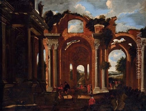 A Capriccio Of The Basilica Of Constantine With Travelers By A Drinking Trough And Others Resting (collab. W/domenico Gargiulo) Oil Painting - Viviano Codazzi