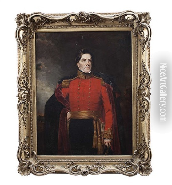Portrait Of Lord Lorton, Standing Three-quarter Length Wearing Military Uniform, With Cape Oil Painting - Stephen Catterson Smith