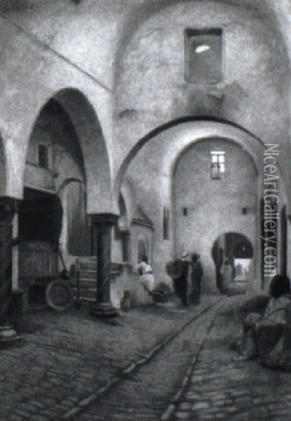 Interior Fra Medina Med Personer I Arabisk By Oil Painting - Peter Kornbeck