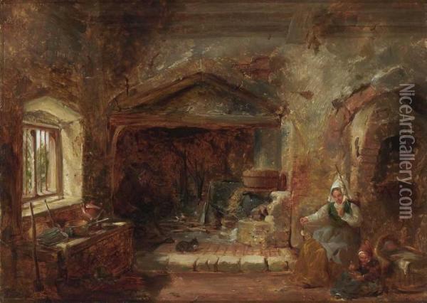 Bauernfamilie In Der Kuche. Oil Painting - Frederick Goodall