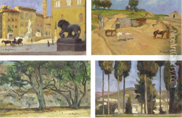 Cypress Trees; Italian Street Scene; Farm Scene; Trees Oil Painting - Lykourgos Lic Kogevinas /