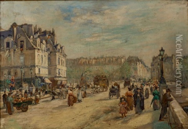 La Place De La Dauphine, Rue Animee Oil Painting - Gustave Madelain