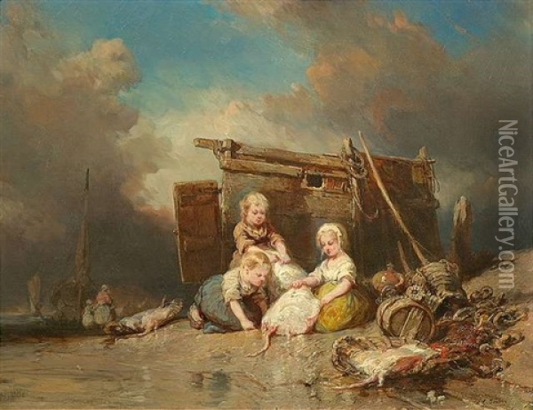Spielende Fischerkinder Am Strand Oil Painting - Louis-Gabriel-Eugene Isabey