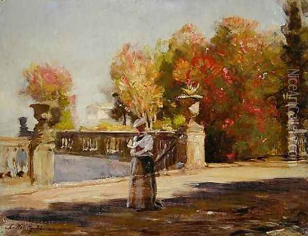 A Lady Reading on a Sunny Terrace Oil Painting - Louis Kolitz