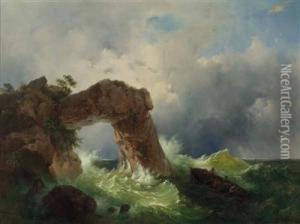 Meeressturm Bei Der Grotte Foccia An Der Kuste Von Fusaro Bei Neapel Oil Painting - Joseph Rebell
