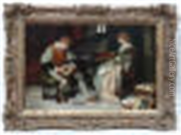 Medieval Musicians A Girl At A Harpsichord And A Man With Lute Oil Painting - Francis Sydney Muschamp