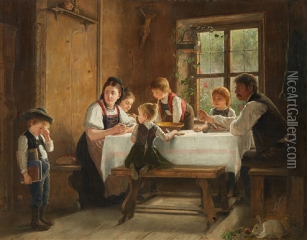 A Peasant Family At Their Meal With A Crying Oil Painting - August Heyn