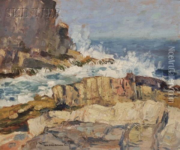 Waves Crashing On A Rocky Coast Oil Painting - George Elmer Browne