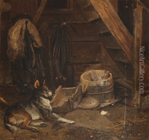 Interior Med Hund Oil Painting - Karl Kristian Uchermann
