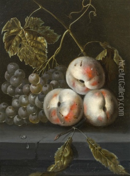 Stillleben Mit Pfirsichen Und Trauben Oil Painting - Cornelis De Heem