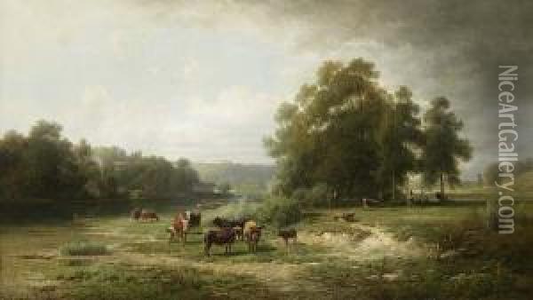 Kuhe In Weiter Romantischer Fluslandschaft-traunstein Oil Painting - Rudolf Poppel