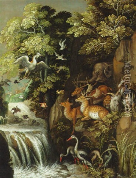Deer, Goats, An Elephant And Other Animals By A Waterfall Oil Painting - Roelandt Savery