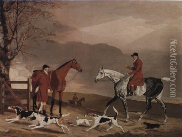 Tom Oldaker, On A Grey Hunter With Huntsmen And Hounds In A Landscape Oil Painting - Benjamin Marshall