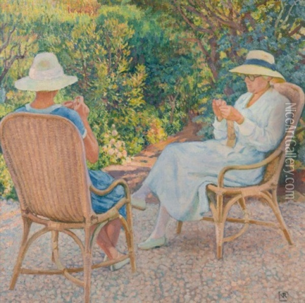 Marie Et Elisabeth Van Rysselberghe Tricotant Au Jardin Du Lavandou Oil Painting - Theo van Rysselberghe