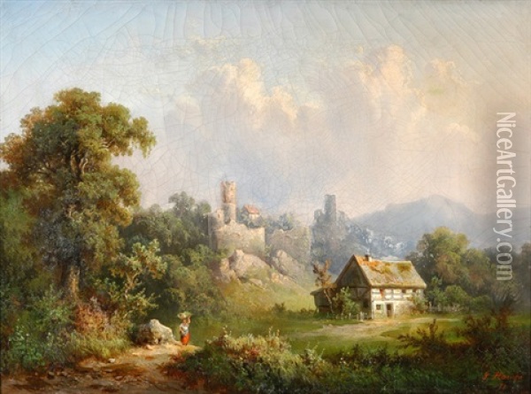 Landschaft Mit Figurenstaffage Und Blick Auf Die Ruinen Von Kohren Oil Painting - Guido Hampe