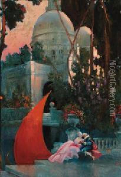 A Courting Couple In A Garden, The S. Maria Della Salutebeyond Oil Painting - Hal Hurst