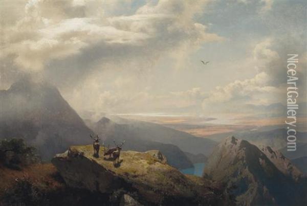 Extensive Vista With Elk Oil Painting - Herman Herzog