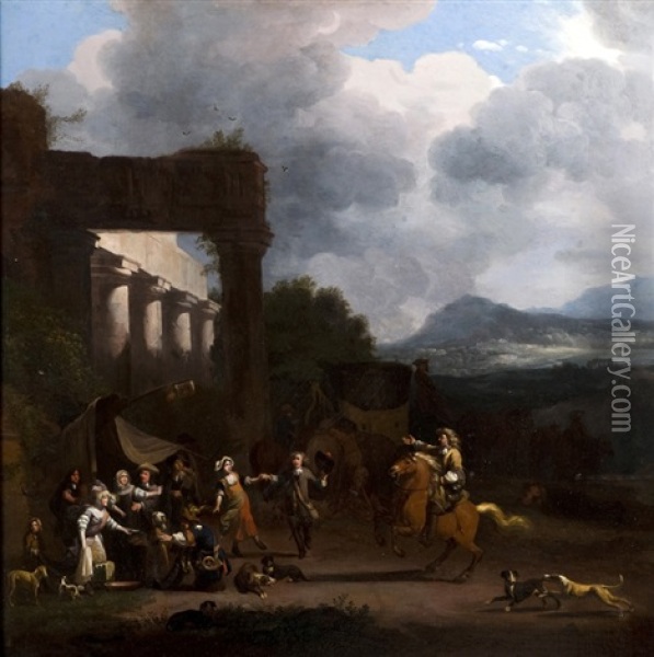 An Elegant Company Making Merry Near Classical Ruins Oil Painting - Jan van Huchtenburg