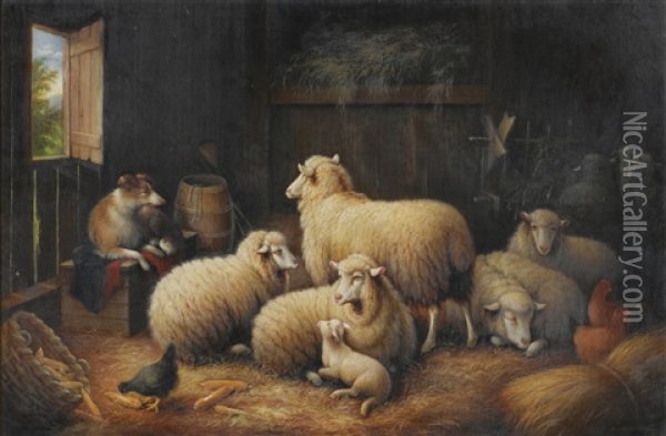 Sheep And Dog In A Barn Oil Painting - Susan Catherine Waters