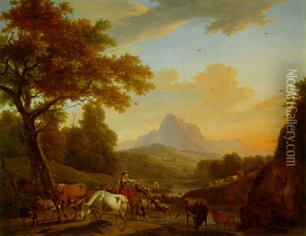 Italianate Landscape With Drovers, Cattle And Goats At A Ford Oil Painting - Pierre Louis De La Rive