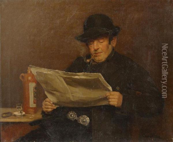 Man With Bottle Of Gin Reading A Newspaper Oil Painting - Charles Boom