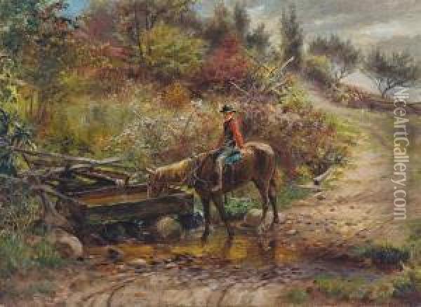 At The Watering Trough - Gully Road Cragsmoor Oil Painting - Edward Lamson Henry